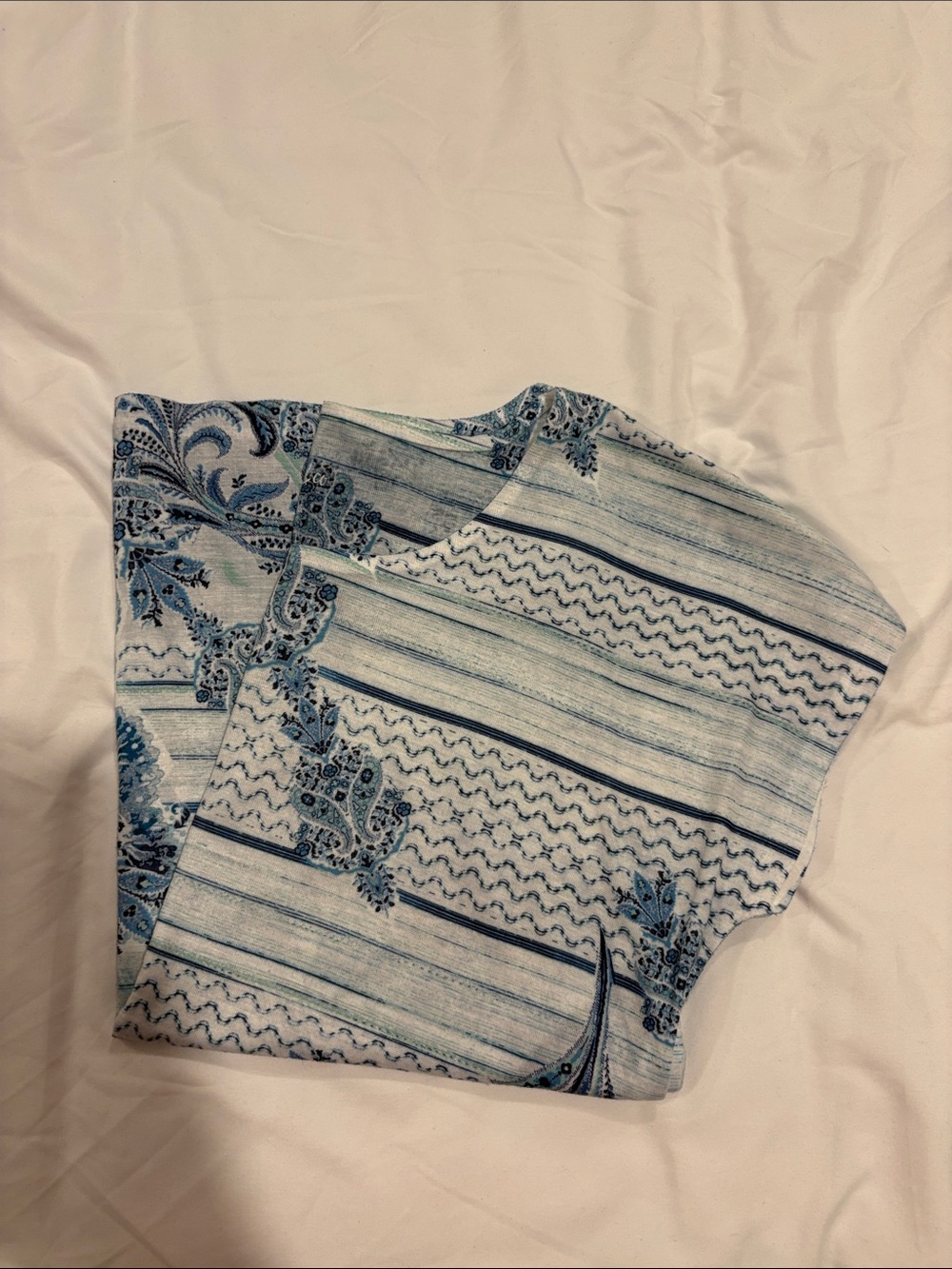 Style & Co. White Tee with Blue Paisley & Stripe Print